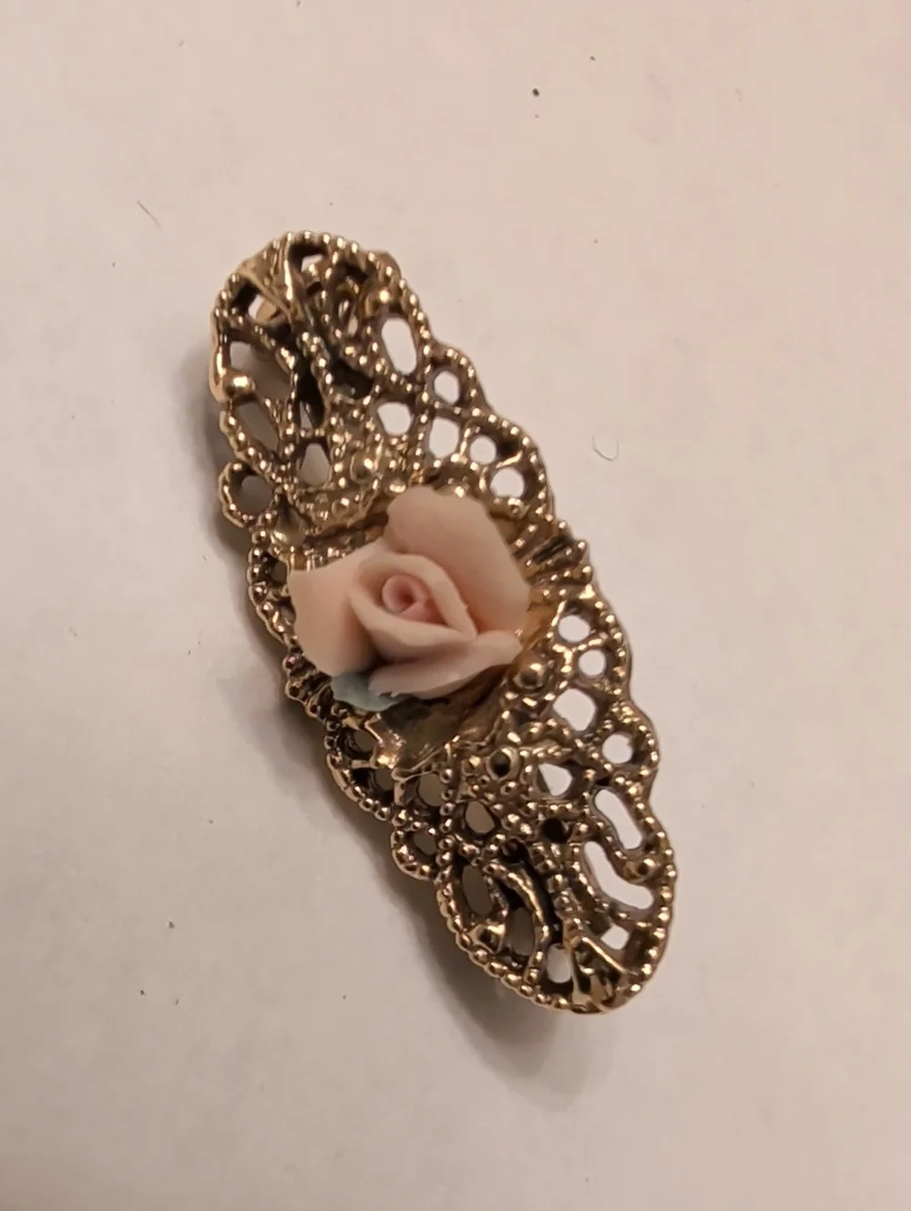 Gold Tone Filigree Brooch with Blush Pink Porcelain Rose